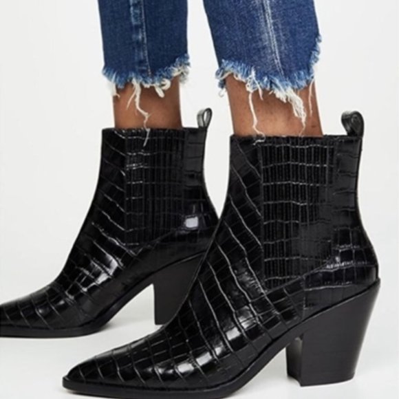 Alice + Olivia Westra Croc Embossed Leather Ankle Boots in Black 40 (9.5,10)